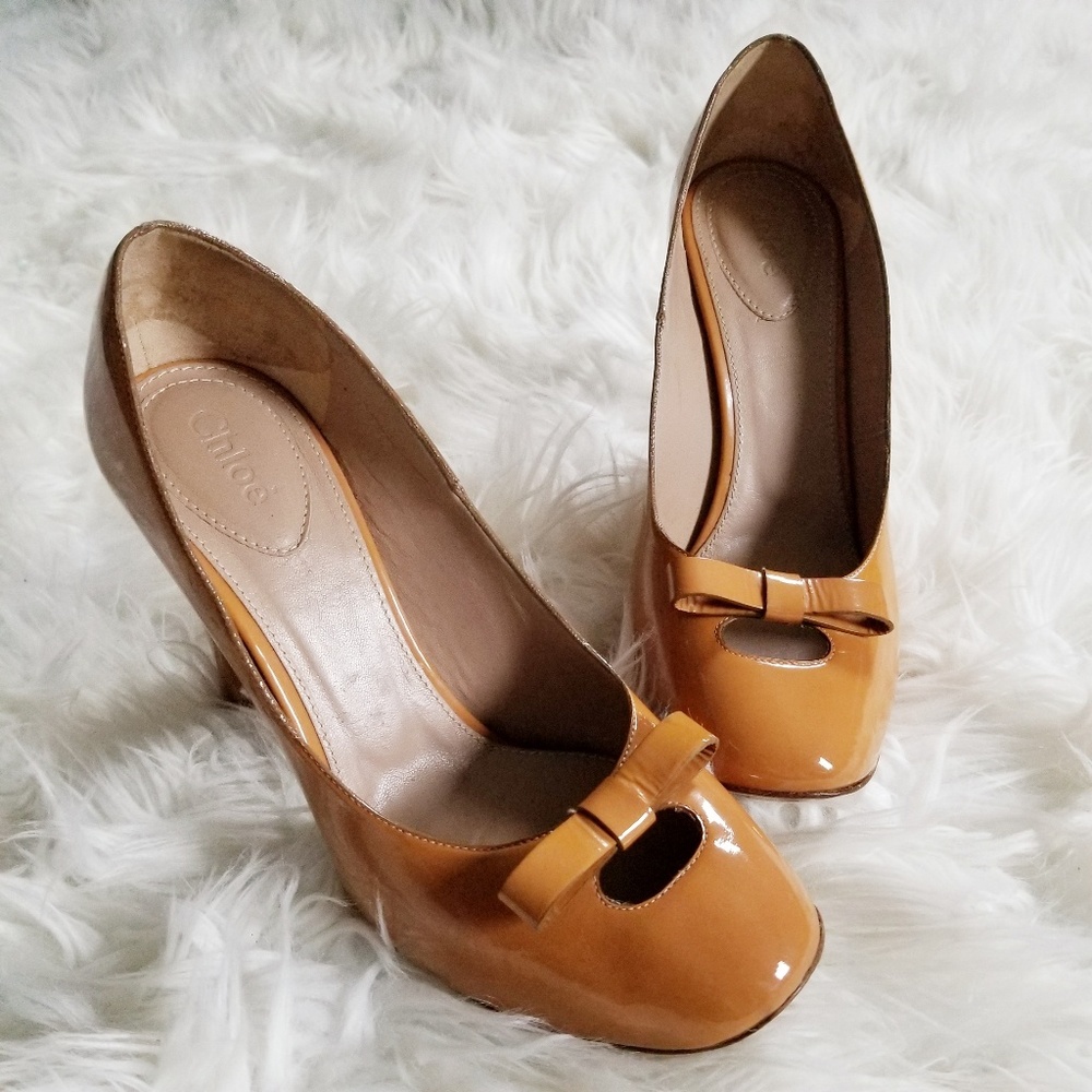 Chloe Patent Leather Bow Front Camel Pumps